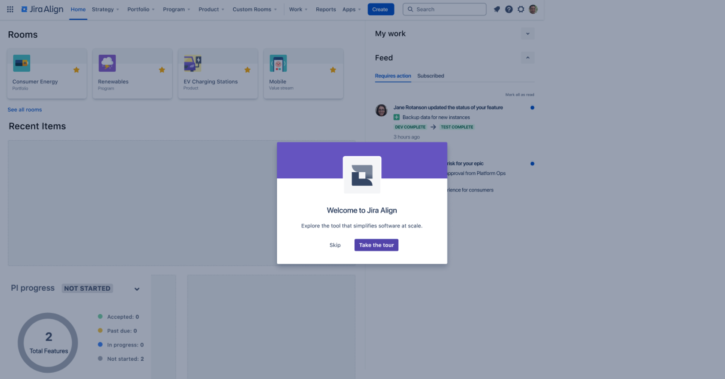 Screenshot of the Jira Align homepage with the first screen of an onboarding flow introducing the new navigation system